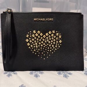 Michael Kors Black Clutch with Gold Studded Heart